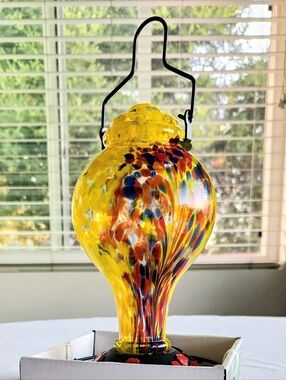Hummingbird Hanging Outdoor Glass Painted Feeder Yellow Multicolor 10" Birds
